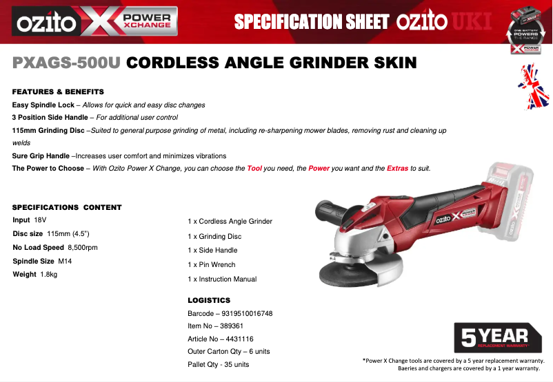 Página 1 del manual Ficha técnica Ozito PXAGS-500U