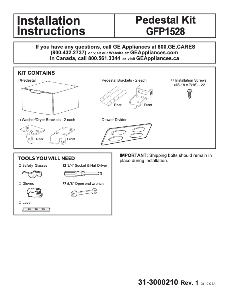Página 1 del manual Guía de instalación GE GFP1528SNWW