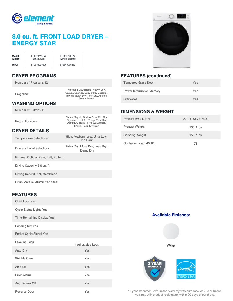Página 1 del manual Ficha técnica Element EFD8027GBW