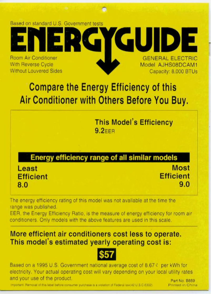 Página 1 del manual Etiqueta energética GE AJHS08DCA
