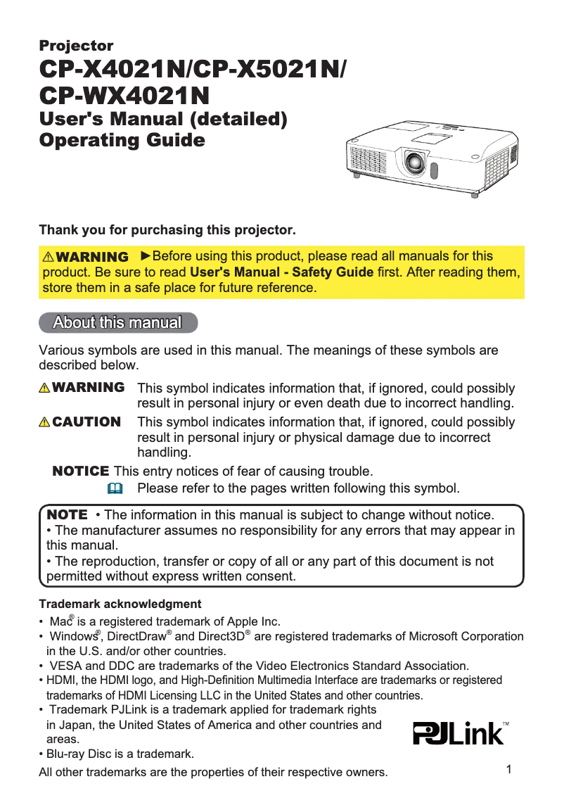 Página nº 1 - Manual de usuario Hitachi CP-WX4021N