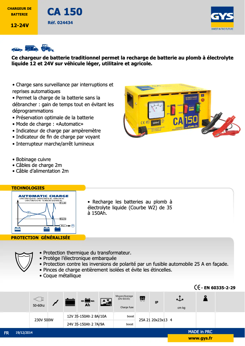 Página 1 del manual Ficha técnica GYS CA 150