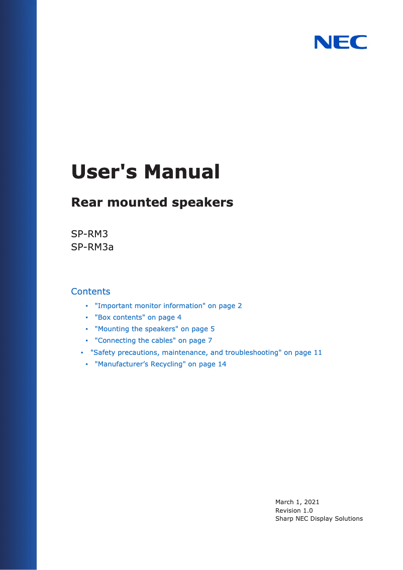 Página 1 del manual Manual de usuario NEC SP-RM3a