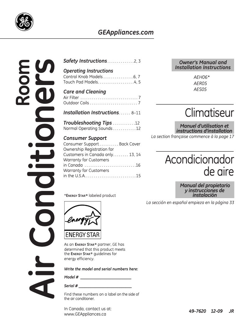 Página 1 del manual Manual de uso y mantenimiento GE AER05LN