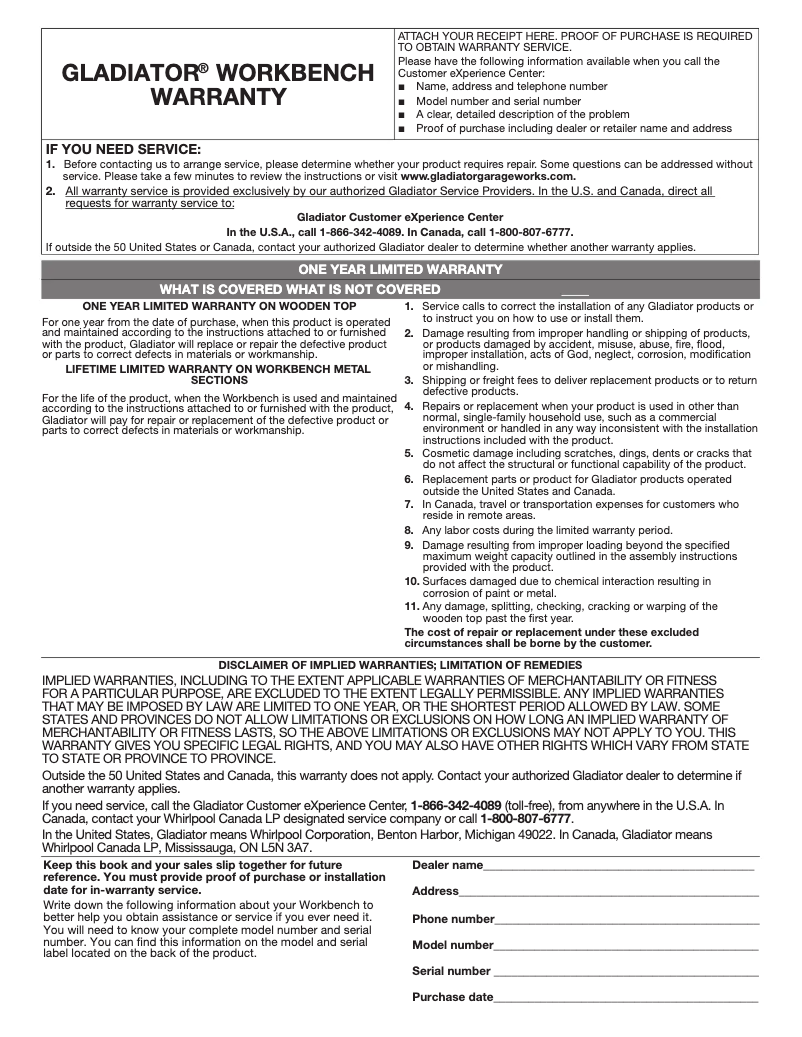 Página 1 del manual Información de garantía Gladiator GAWB08HWEG