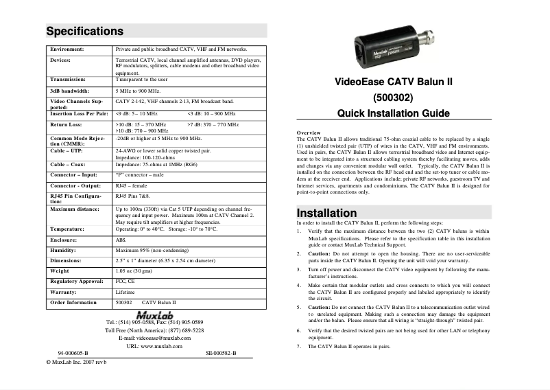 Imagen de la primera página del manual del dispositivo VideoEase CATV Balun II 500302