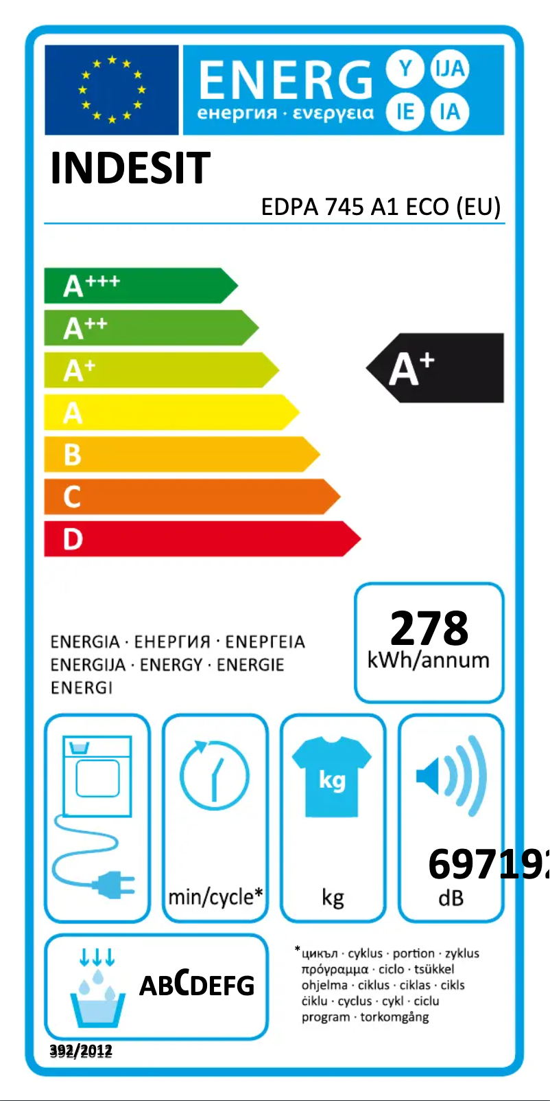 Página 1 del manual Etiqueta energética Indesit EDPA 745 A1 ECO (EU)