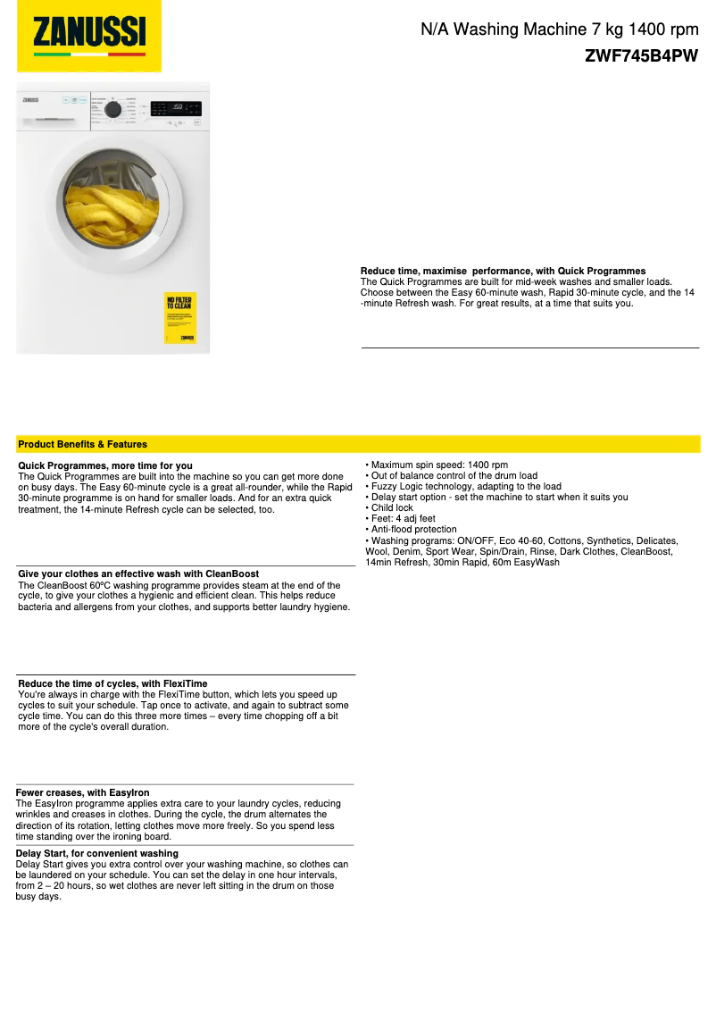 Página 1 del manual Ficha técnica Zanussi ZWF745B4PW