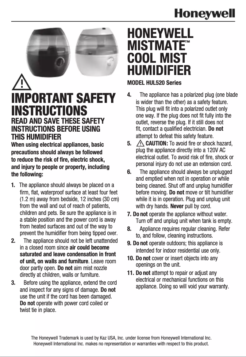 Página 1 del manual Manual de usuario Honeywell MistMate HUL520