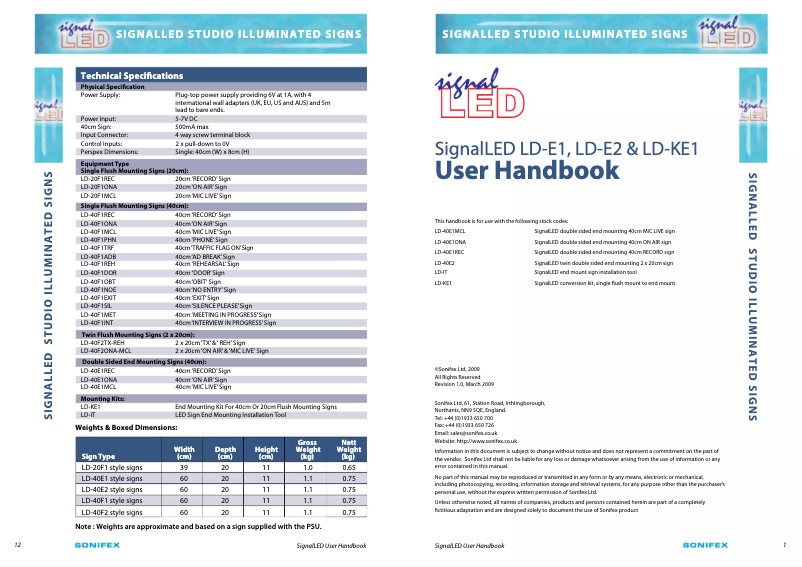Página nº 1 - Manual de usuario Sonifex On Air Sign SingleFlush 20