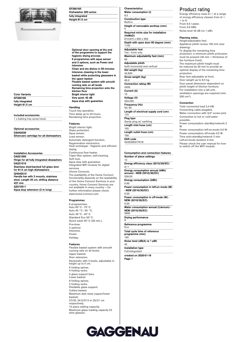 Página 1 del manual Ficha técnica Gaggenau DF260165