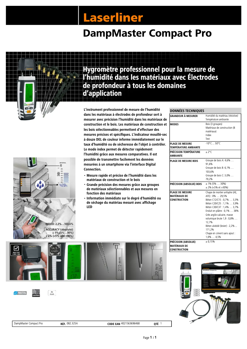Página 1 del manual Ficha técnica Laserliner DampMaster Compact Pro