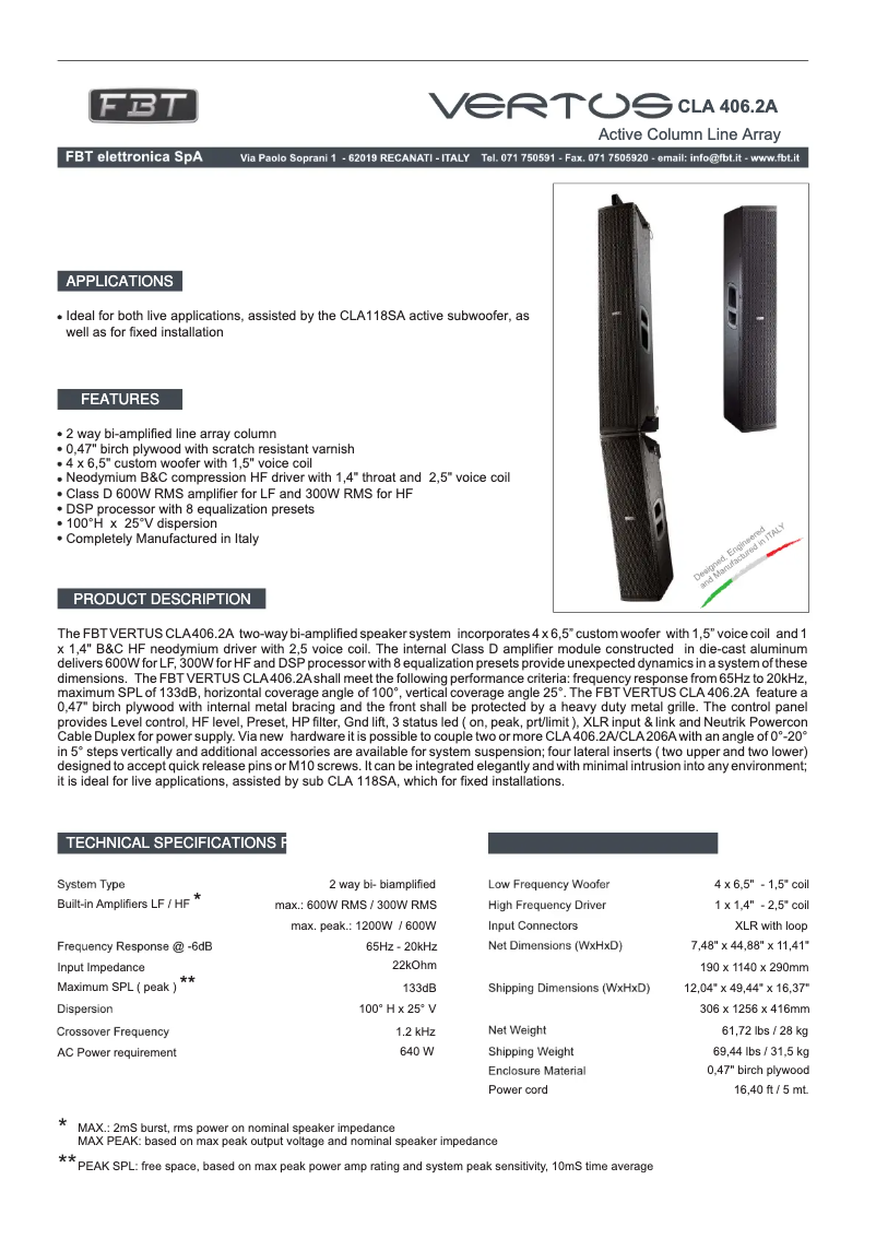 Página 1 del manual Ficha técnica FBT Vertus CLA 406.2 A