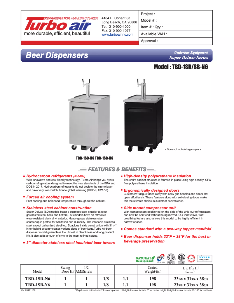 Página 1 del manual Ficha técnica Turbo air TBD-1SB