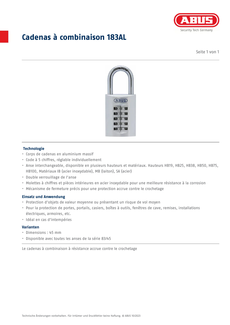 Imagen de la primera página del manual del dispositivo 183AL/45