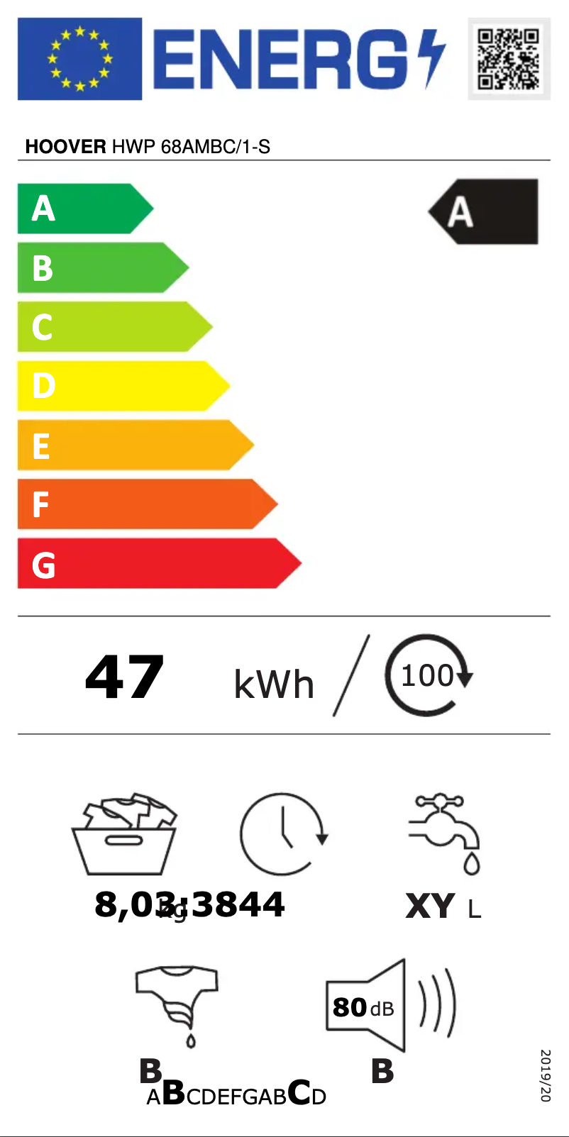 Página 1 del manual Etiqueta energética Hoover H-WASH 500 HWP 68AMBC/1-S