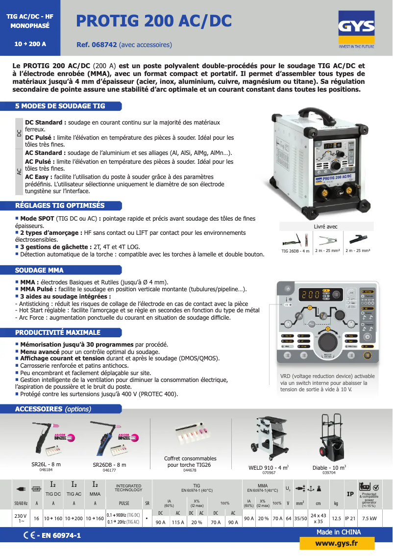 Página 1 del manual Ficha técnica GYS Protig 200 AC/DC
