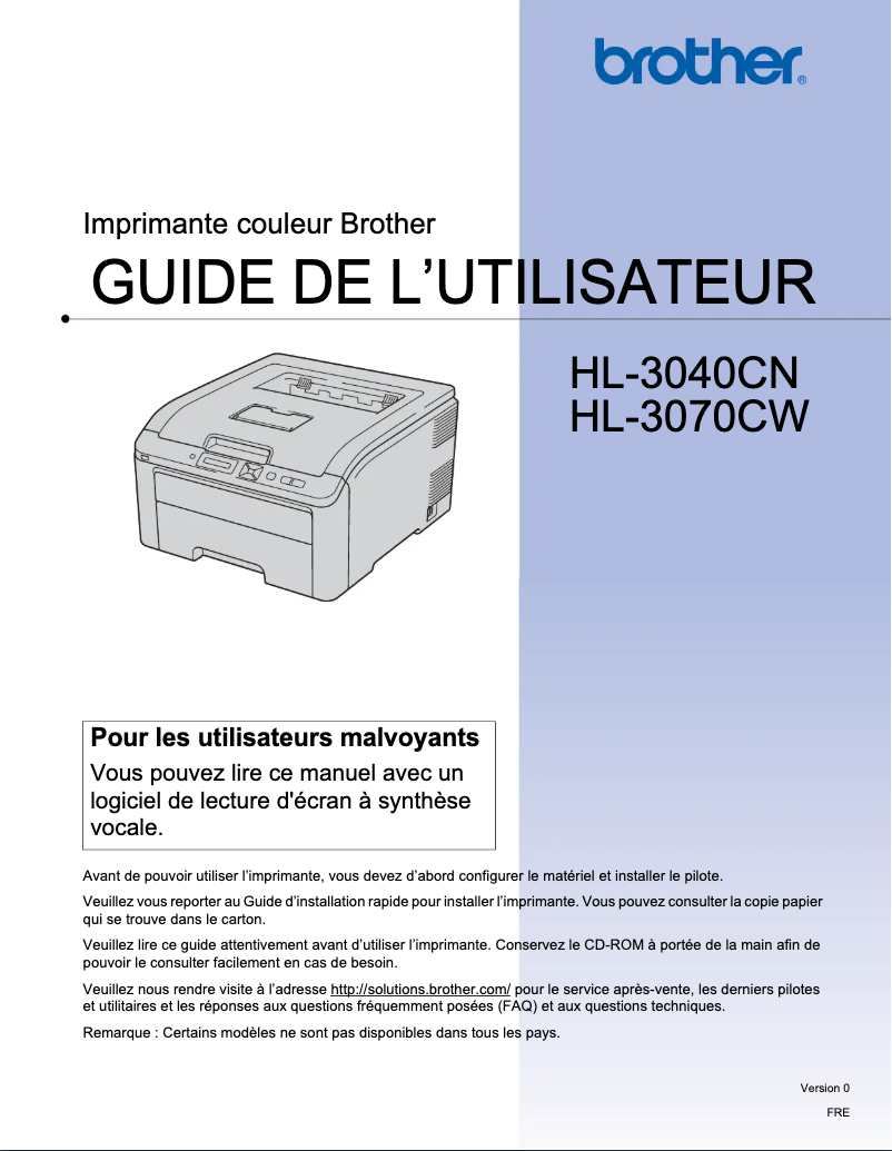 Imagen de la primera página del manual del dispositivo HL-3070CW