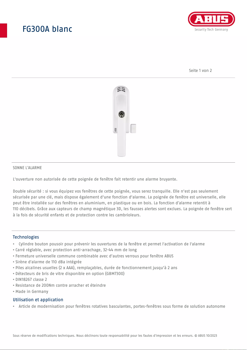 Página 1 del manual Ficha técnica Abus FG300A