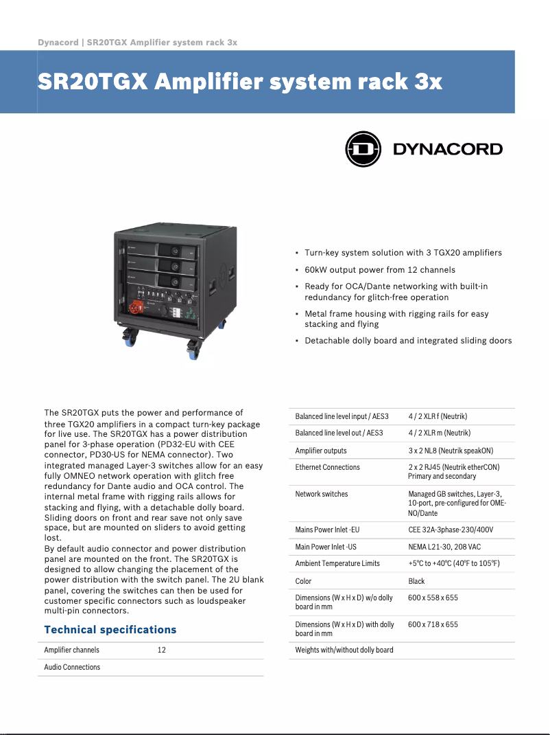 Página 1 del manual Ficha técnica Dynacord SR20TGX System Rack