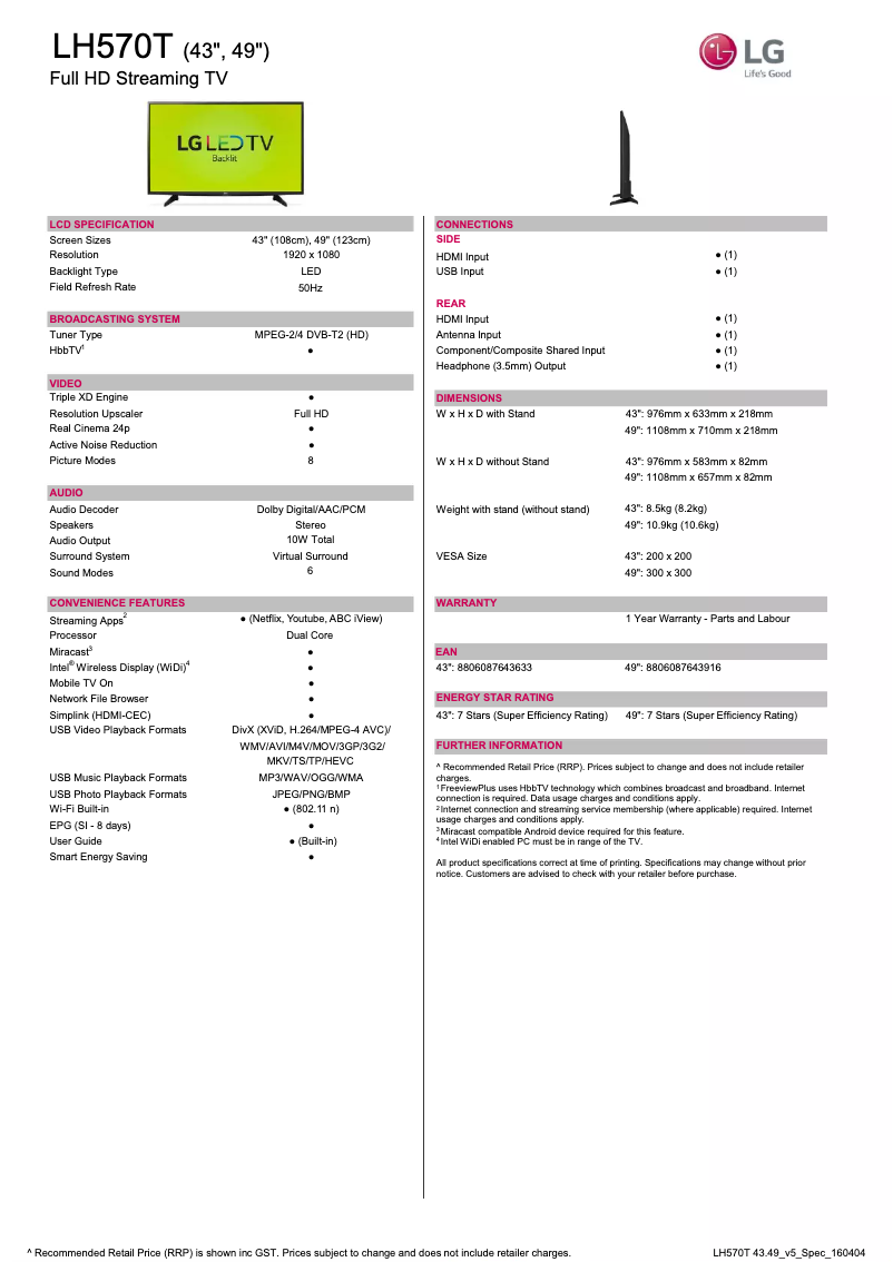 Imagen de la primera página del manual del dispositivo 43LH570T