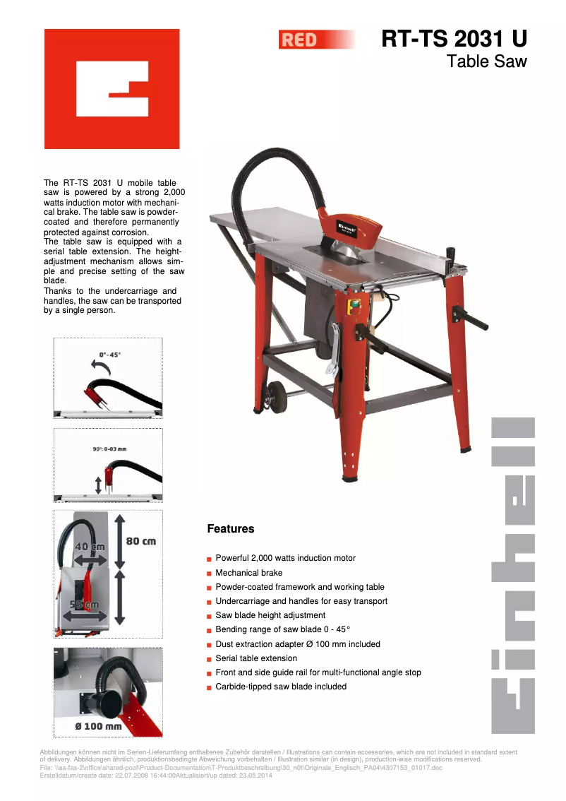 Página 1 del manual Ficha técnica Einhell RT-TS 2031 U