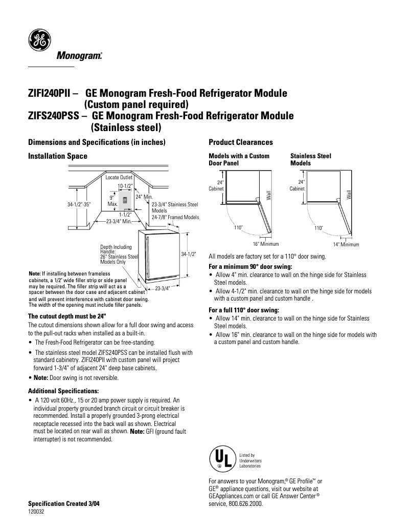 Página nº 1 - Ficha técnica GE ZIFI240PII