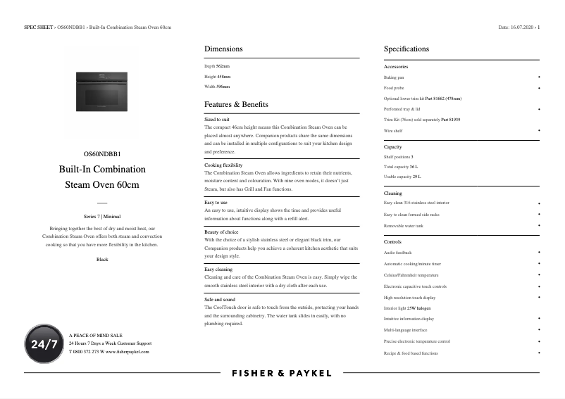 Página 1 del manual Ficha técnica Fisher & Paykel OS60NDBB1