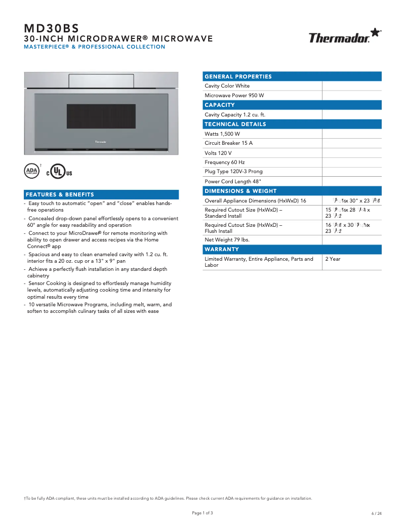 Página 1 del manual Ficha técnica Thermador MD30BS