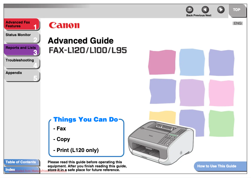 Imagen de la primera página del manual del dispositivo FAX-L120