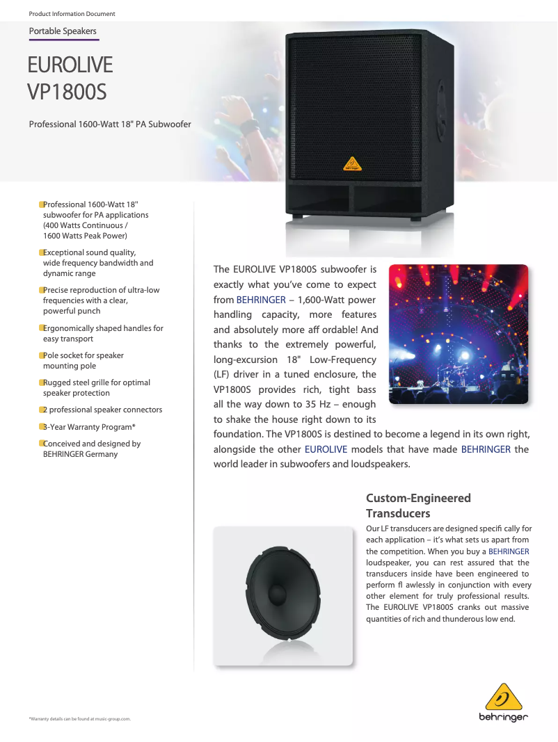 Página 1 del manual Ficha técnica Behringer Eurolive VP1800S