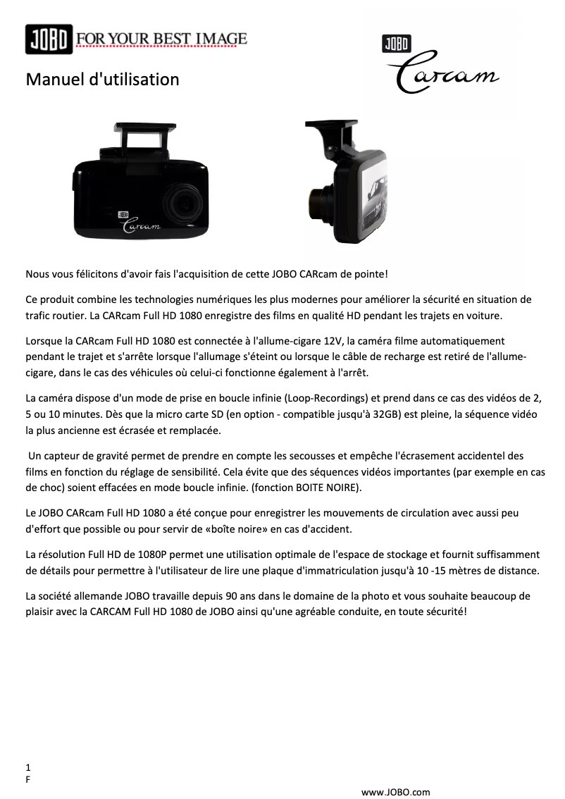 Imagen de la primera página del manual del dispositivo CARcam 1080P