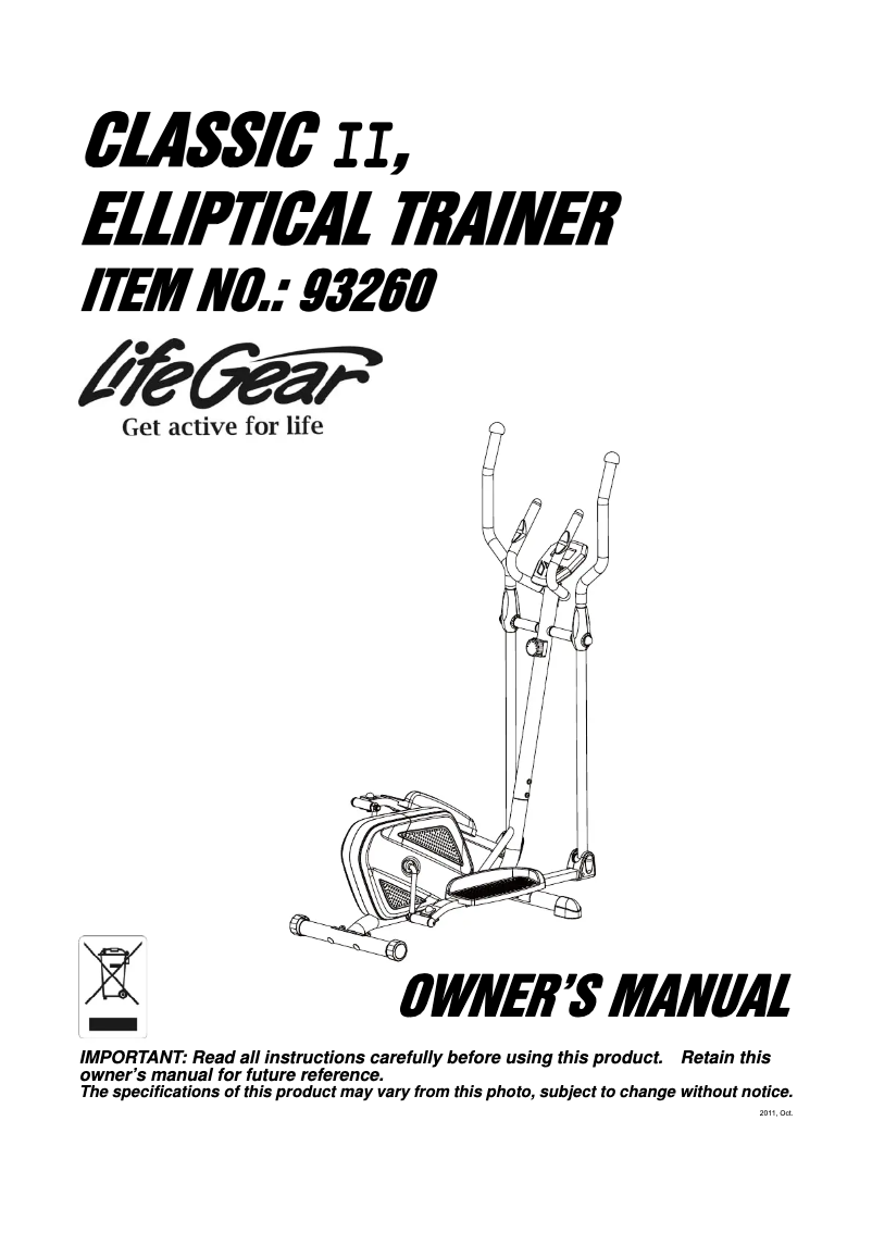 Página 1 del manual Manual de usuario Life Gear Classic II Elliptical Trainer 93260