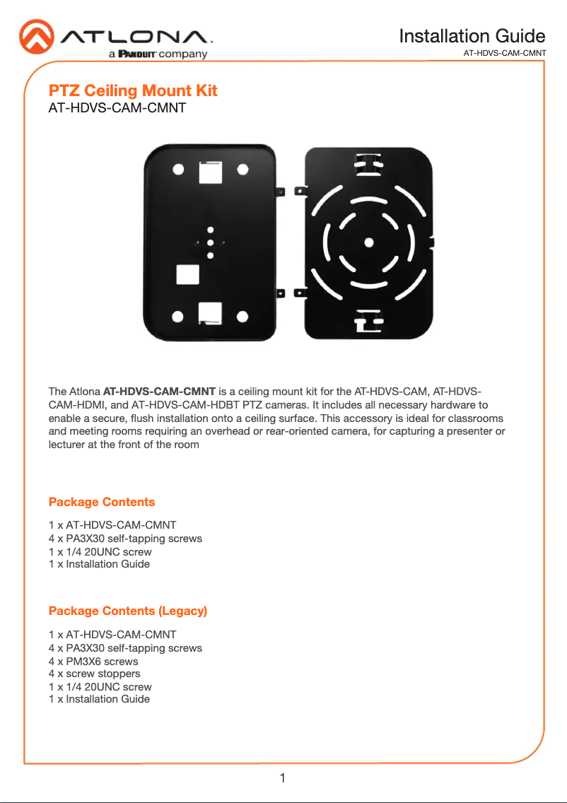 Página nº 1 - Guía de instalación Atlona AT-HDVS-CAM-CMNT