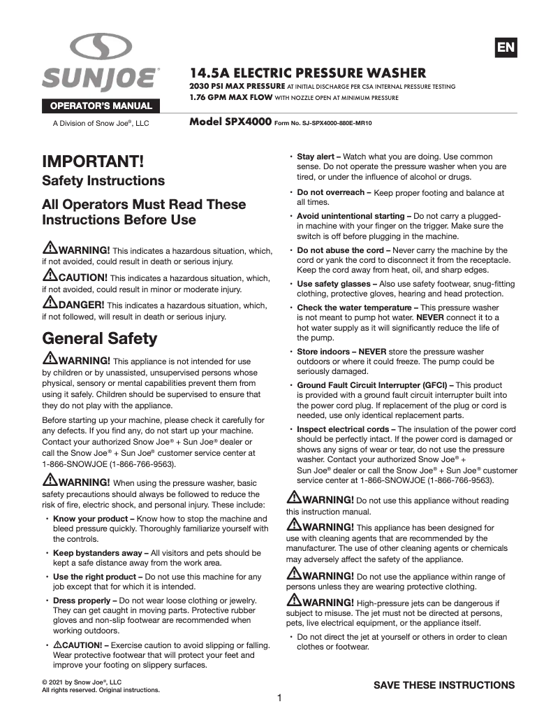 Página nº 1 - Manual de usuario Sun Joe SPX4000