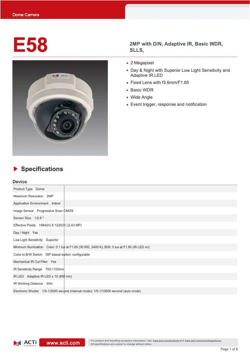 Página nº 1 - Ficha técnica ACTi E58