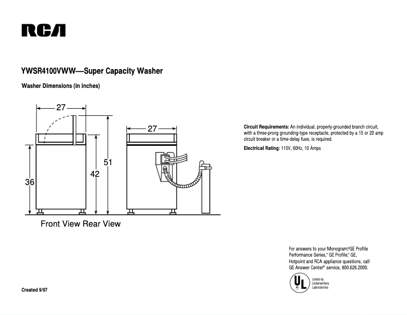 Página 1 del manual Ficha técnica RCA YWSR4100VWW