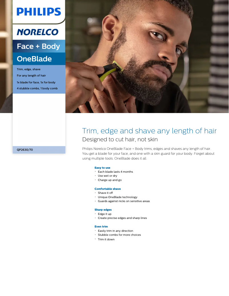 Página 1 del manual Ficha técnica Philips OneBlade Face + Body QP2630