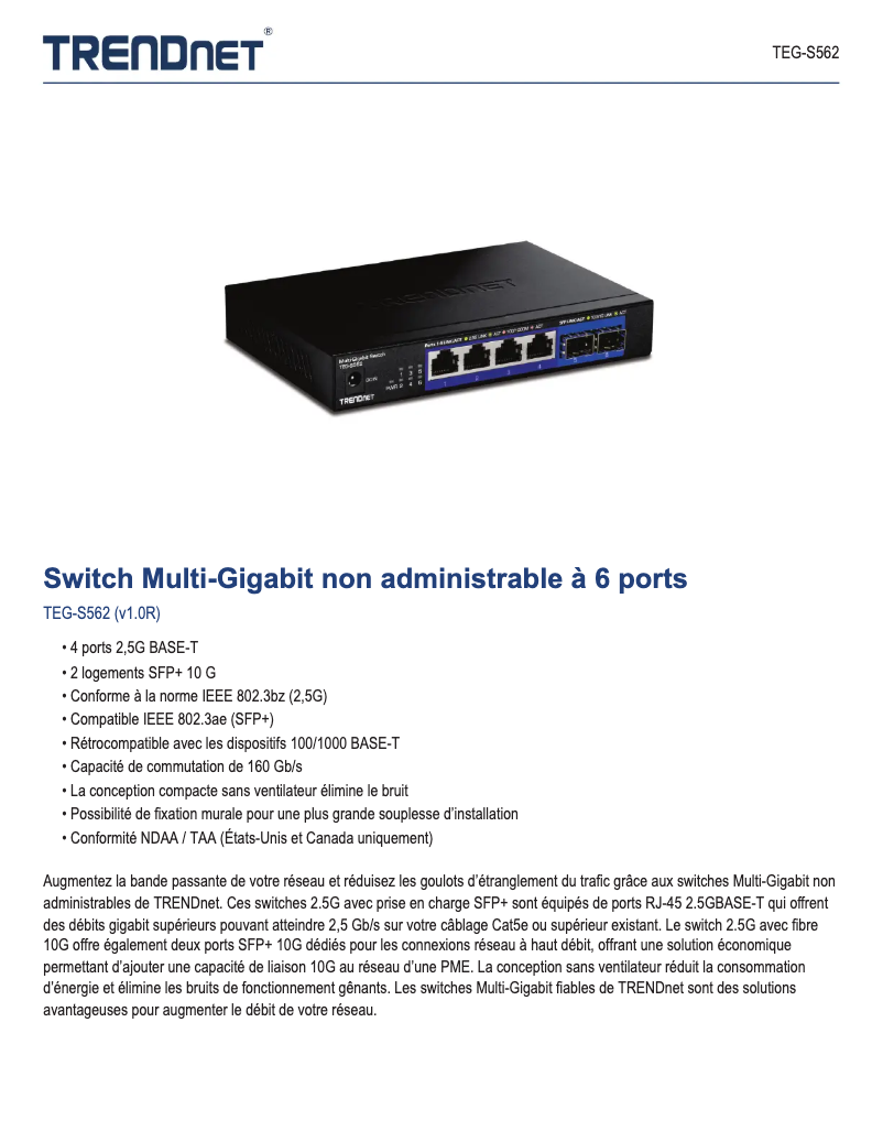 Página 1 del manual Ficha técnica TRENDnet TEG-S562