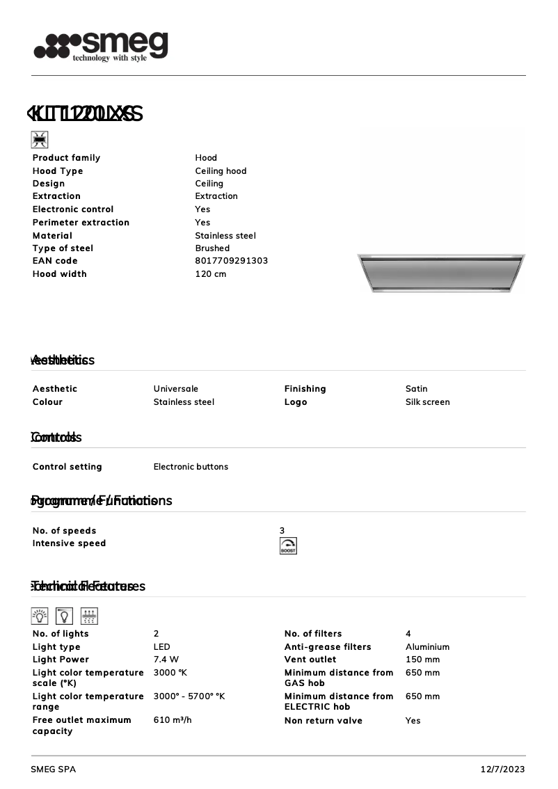 Página 1 del manual Ficha técnica Smeg KLT120LXS