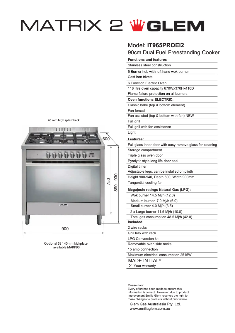 Página 1 del manual Ficha técnica Glem Gas IT965PROEI2