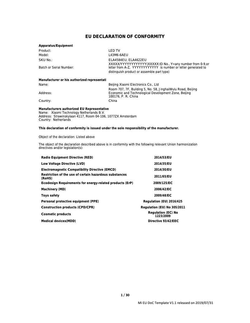 Imagen de la primera página del manual del dispositivo MI TV P1 43