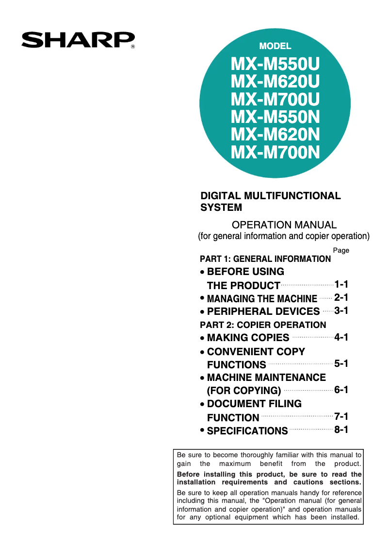 Imagen de la primera página del manual del dispositivo MX-M550N