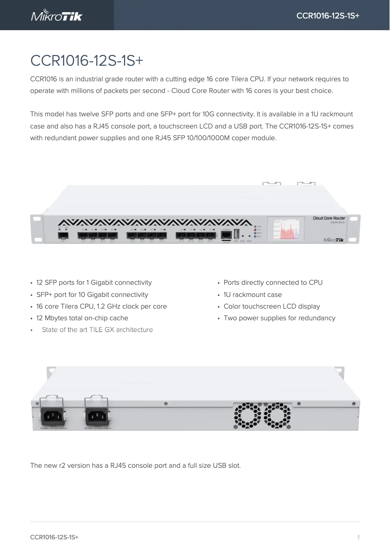Imagen de la primera página del manual del dispositivo CCR1016-12S-1S+