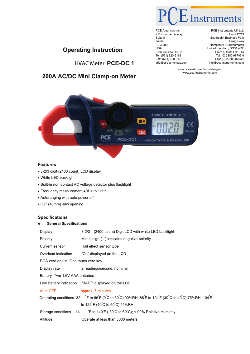 Imagen de la primera página del manual del dispositivo PCE-DC1