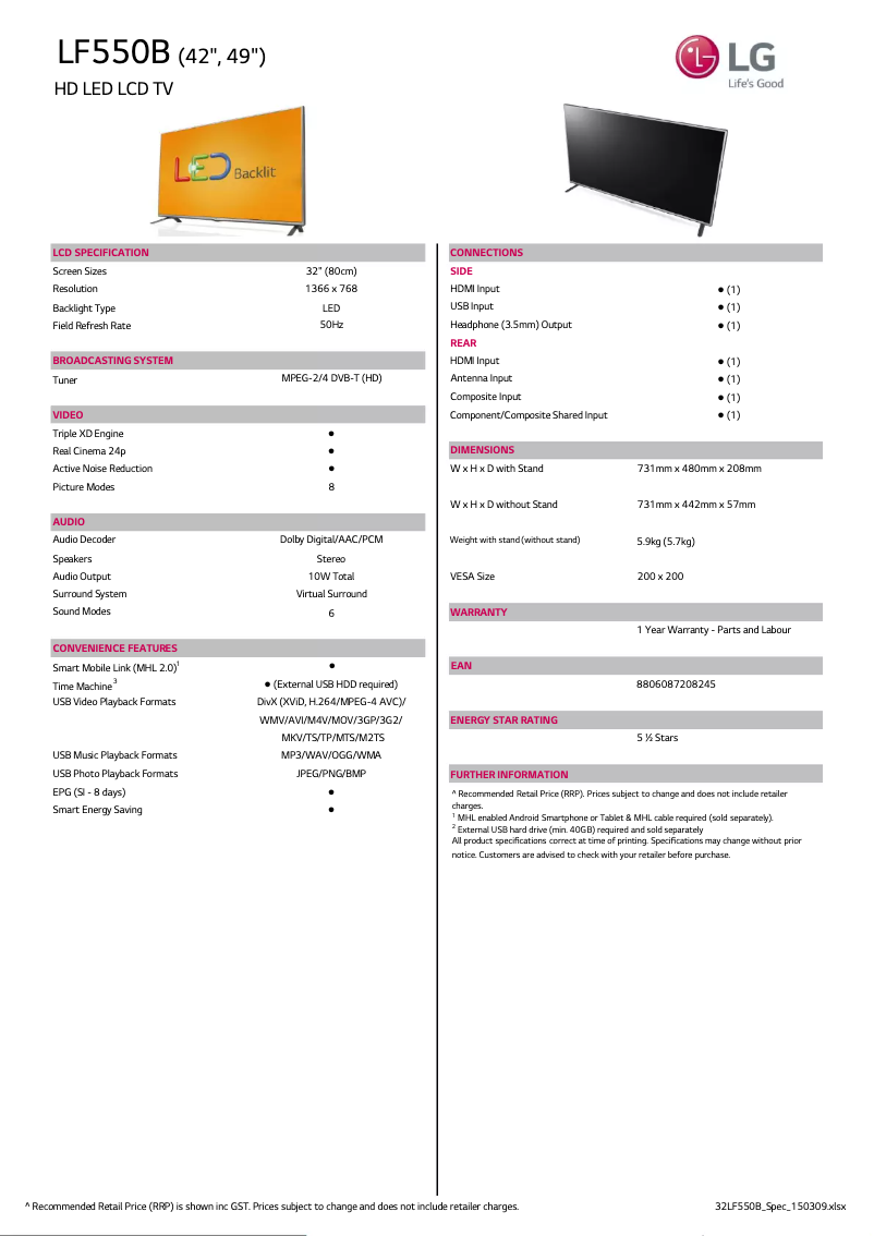 Imagen de la primera página del manual del dispositivo 32LF550B