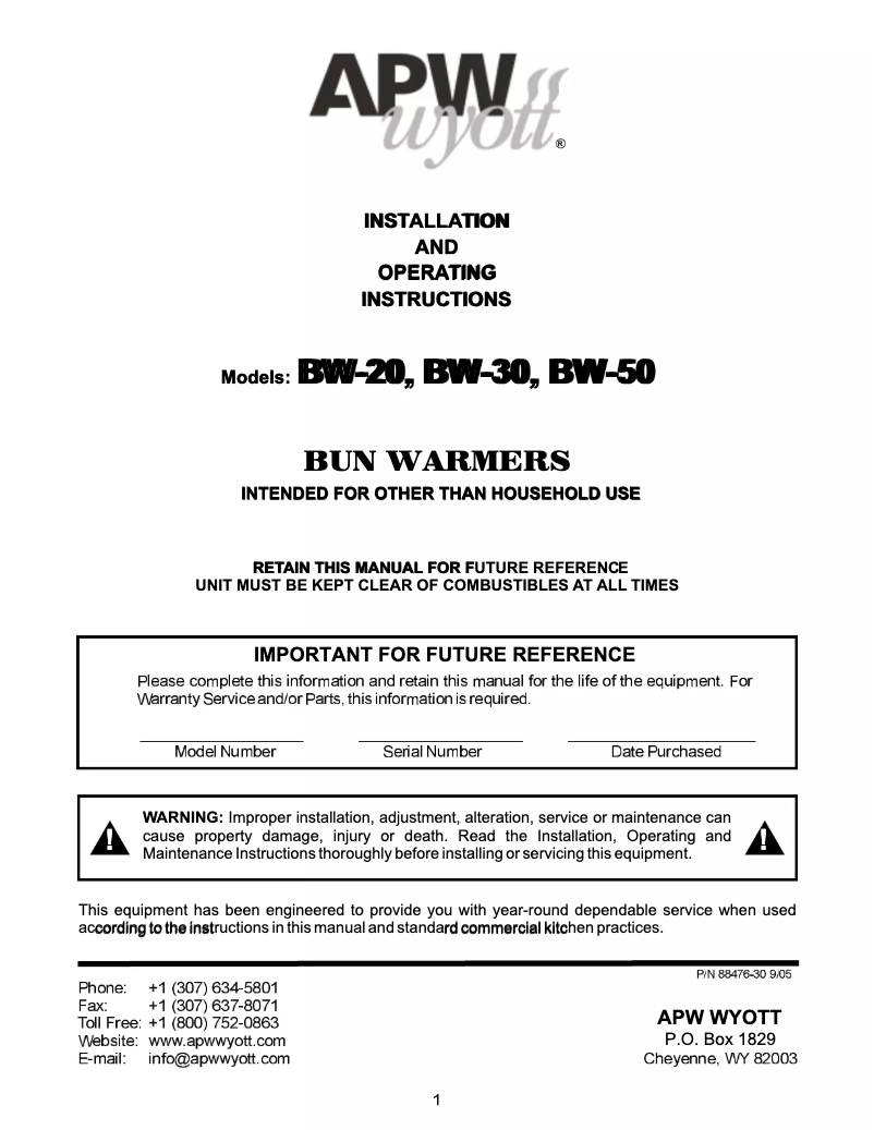 Página 1 del manual Manual de usuario APW Wyott BW-20