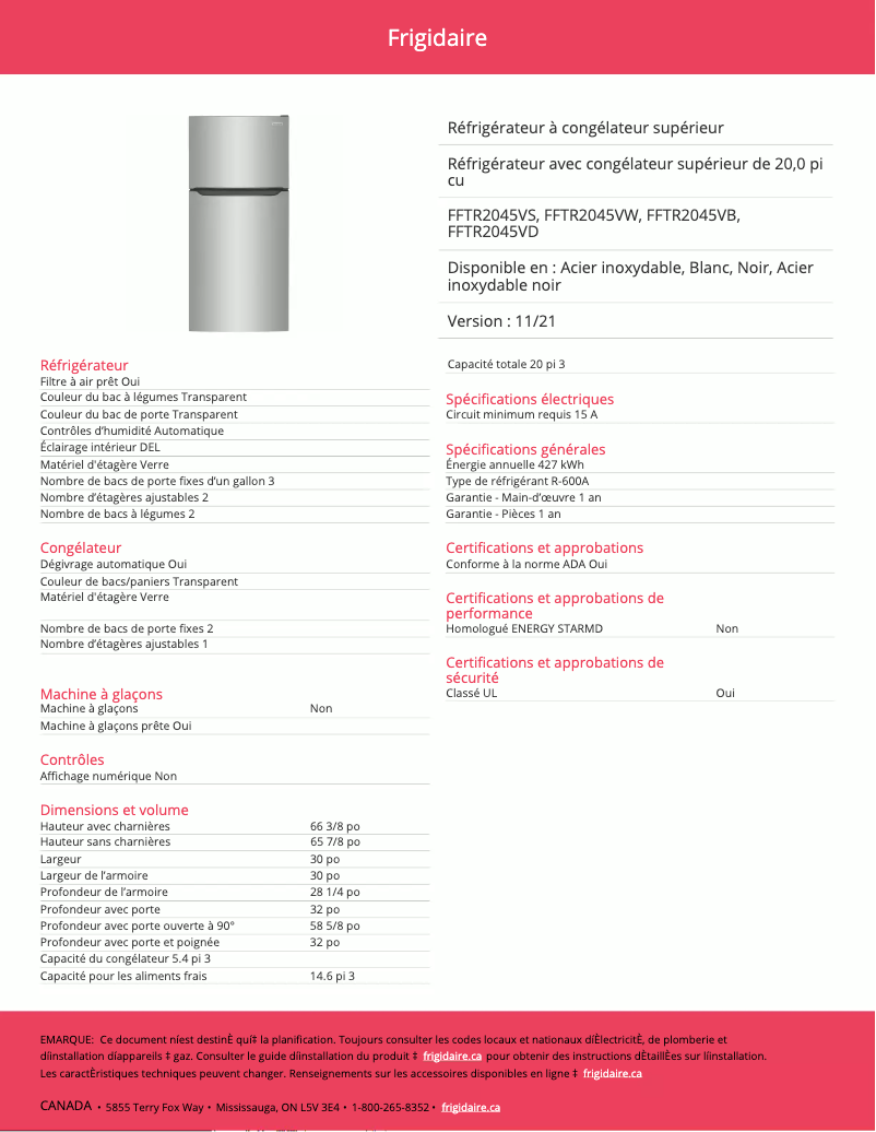 Página 1 del manual Ficha técnica Frigidaire FFTR2045VD