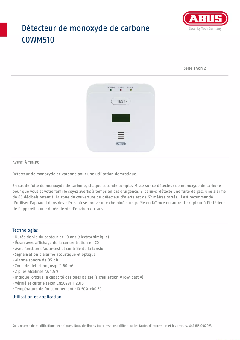 Página 1 del manual Ficha técnica Abus COWM510