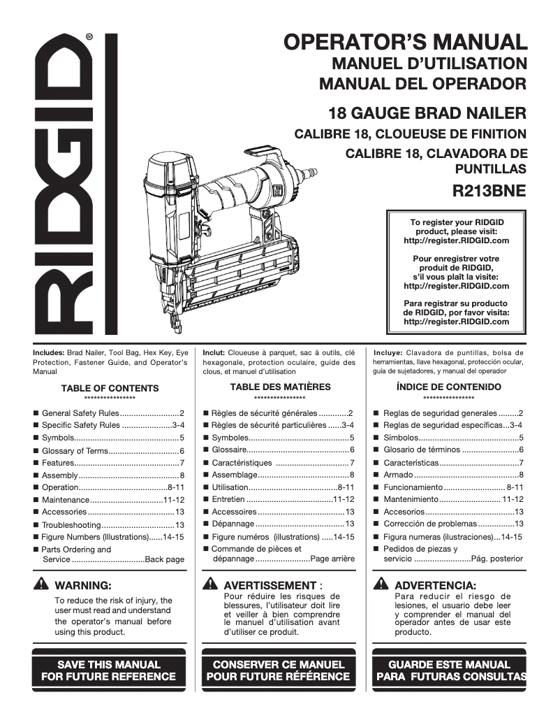 Página 1 del manual Manual de usuario Ridgid R213BNF